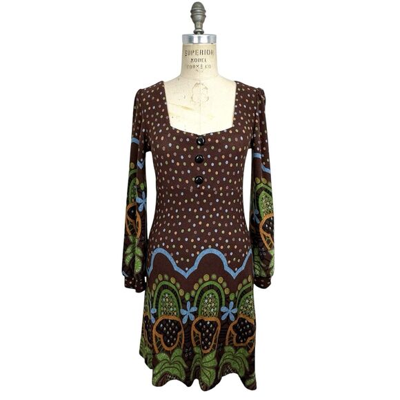 Funky People Dresses & Skirts - Funky People Women Knit Dress Large Brown Milk Maid Polka Dot Artsy Hippie Retro
